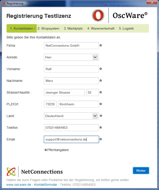 Registrierung Kontaktdaten
